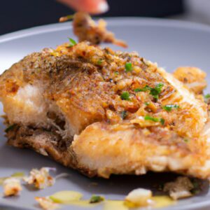 Imagem de um prato de corvina frita em uma airfryer, acompanhada de limão e ervas. O peixe tem uma crosta dourada e crocante, e a carne é branca e suculenta. A imagem mostra o quão fácil e delicioso é preparar corvina na airfryer.