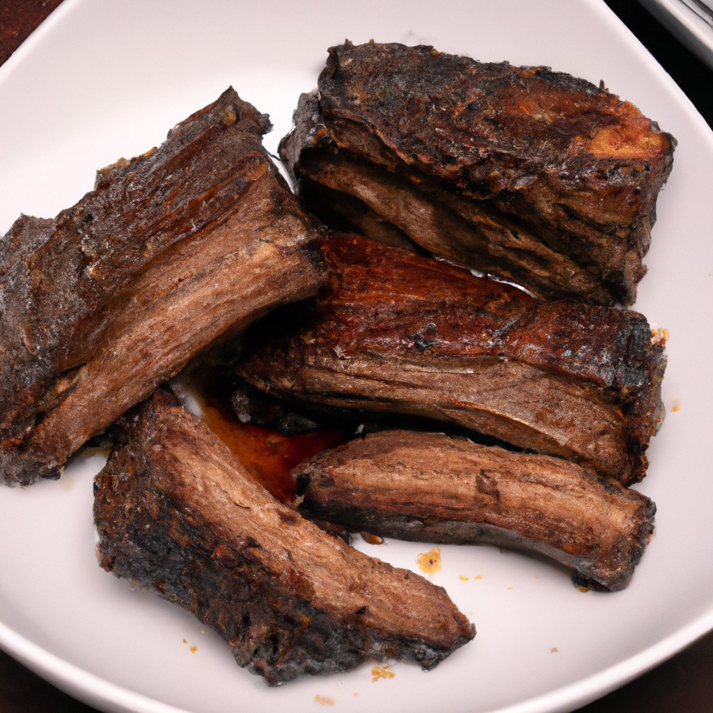 Costela De Boi Na Airfryer: Receita Deliciosa E Fácil De Fazer 1 Imagem de uma costela de boi assada em uma Airfryer, com uma crosta dourada e suculenta, acompanhada de batatas assadas e legumes grelhados.