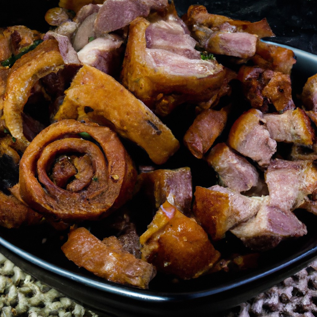 Imagem de uma costela de porco assada na Airfryer, com uma crosta crocante e dourada. A carne é macia e suculenta, e é servida com um molho barbecue caseiro.