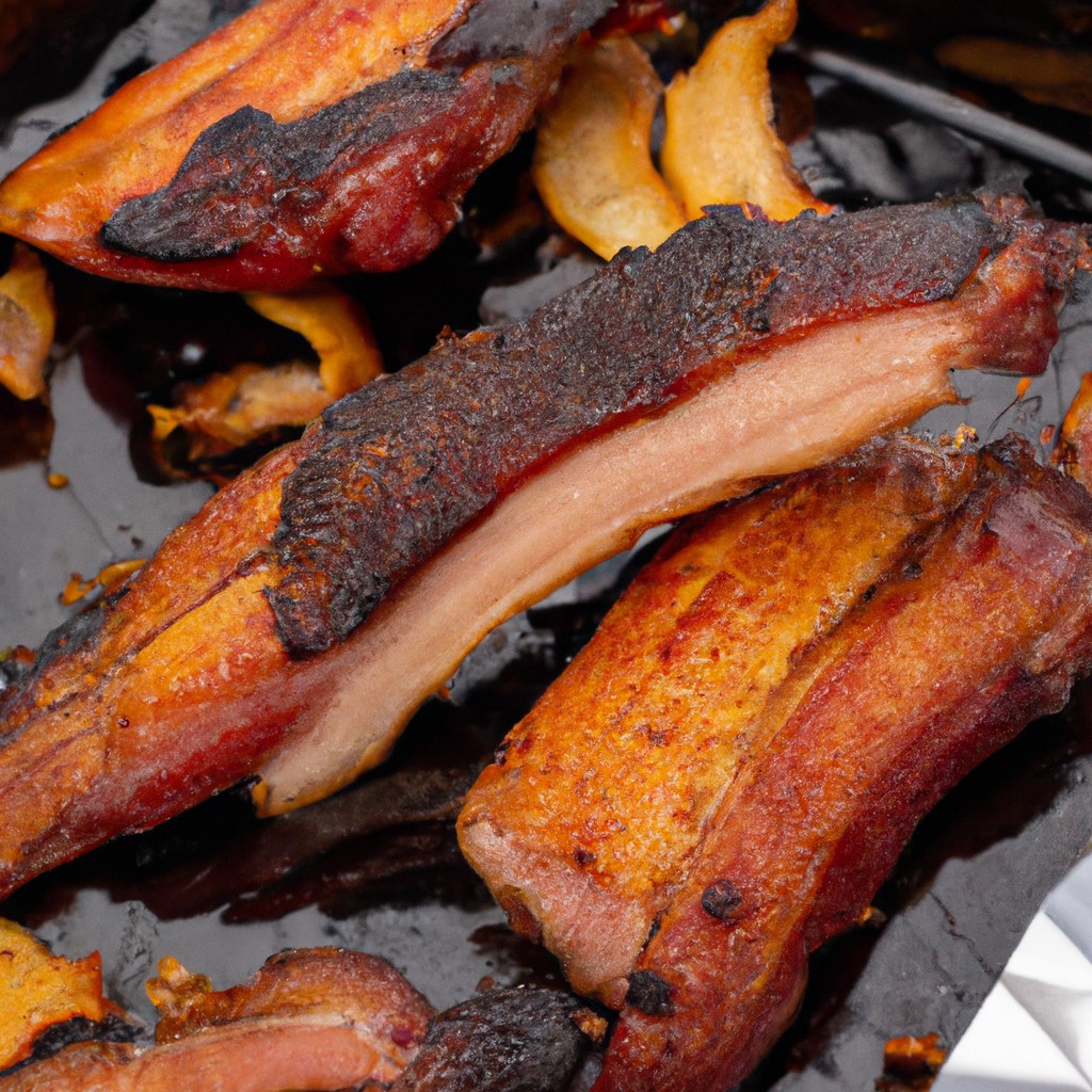 Costela Suína Na Airfryer 1 Foto de costela de porco assada na Airfryer. A costela é marrom-dourada e tem uma camada crocante de pele. É servido em um prato com alecrim e limão.