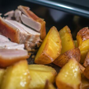 Imagem de costela de porco assada na airfryer com batatas assadas e ervas frescas. O prato é servido em um prato branco com uma fatia de limão ao lado.