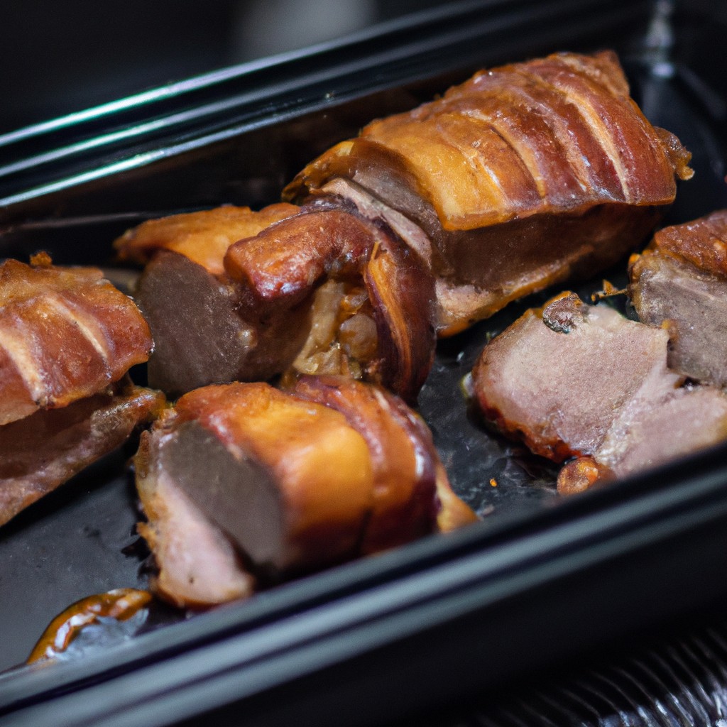 Costelinha Suína Na Airfryer: Veja Como Fazer Passo A Passo 1 Imagem de costelinhas de porco crocantes e douradas sendo cozidas em uma Airfryer. A carne é suculenta e tenra, com uma crosta crocante por fora. A Airfryer está em uma superfície de cozinha com ingredientes como sal, pimenta e ervas ao redor.