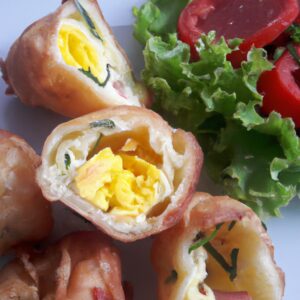 Imagem de uma couve-flor inteira cozida em uma airfryer, coberta com um ovo cozido. A couve-flor é de cor branca leitosa e está ligeiramente dourada nas bordas. O ovo é amarelo claro e está cortado ao meio, revelando uma gema mole e cremosa. A imagem é apresentada em um prato branco.