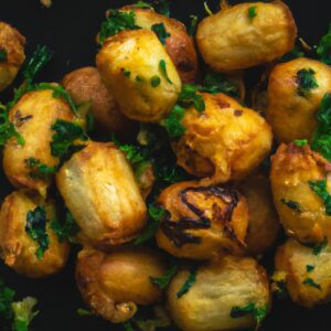 Imagem de uma couve-flor inteira dourada assada em uma airfryer. A couve-flor está cortada em floretes e temperada com sal e pimenta.