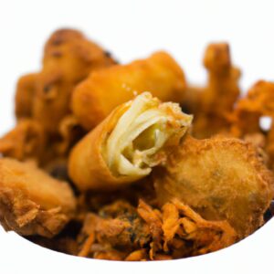 Foto aérea de couve-flor empanada frita na Airfryer, cortada em floretes dourados e crocantes servidos em uma tigela.
