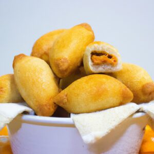 Imagem de coxinha de pão de forma empanada e frita, com frango desfiado e catupiry no interior. O prato é preparado na airfryer, o que resulta em uma textura crocante e dourada.