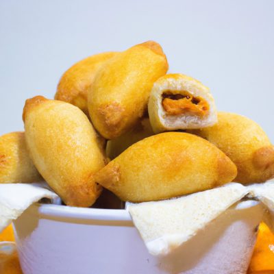 Imagem de coxinha de pão de forma empanada e frita, com frango desfiado e catupiry no interior. O prato é preparado na airfryer, o que resulta em uma textura crocante e dourada.