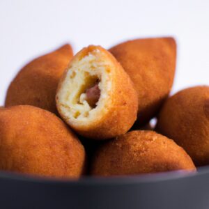 Imagem de uma coxinha fit, feita sem massa, cozida em uma airfryer. A coxinha é dourada e crocante, com um recheio cremoso e suculento. O fundo é branco e o texto "Coxinha Fit Na Airfryer: Receita Sem Massa, Fica Uma Delícia" está escrito na parte superior da imagem.