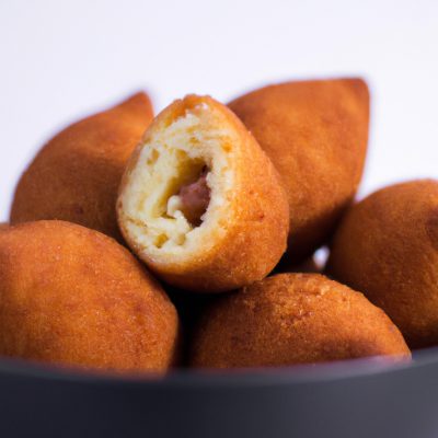 Imagem de uma coxinha fit, feita sem massa, cozida em uma airfryer. A coxinha é dourada e crocante, com um recheio cremoso e suculento. O fundo é branco e o texto "Coxinha Fit Na Airfryer: Receita Sem Massa, Fica Uma Delícia" está escrito na parte superior da imagem.