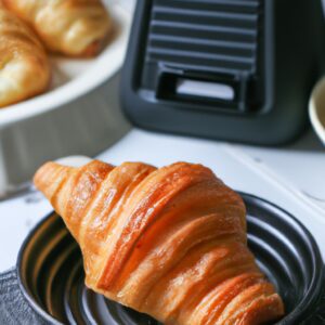Imagem de um croissant dourado e escamoso cozido em uma Airfryer Lidl. O croissant é colocado em um prato branco e tem um interior macio e amanteigado.