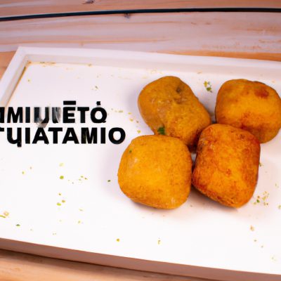 Imagem mostra um prato de croquetes de mandioca dourados e crocantes, dispostos em cima de uma superfície branca. Os croquetes têm uma forma oval e são polvilhados com ervas secas. Ao fundo, há uma airfryer com sua porta aberta.