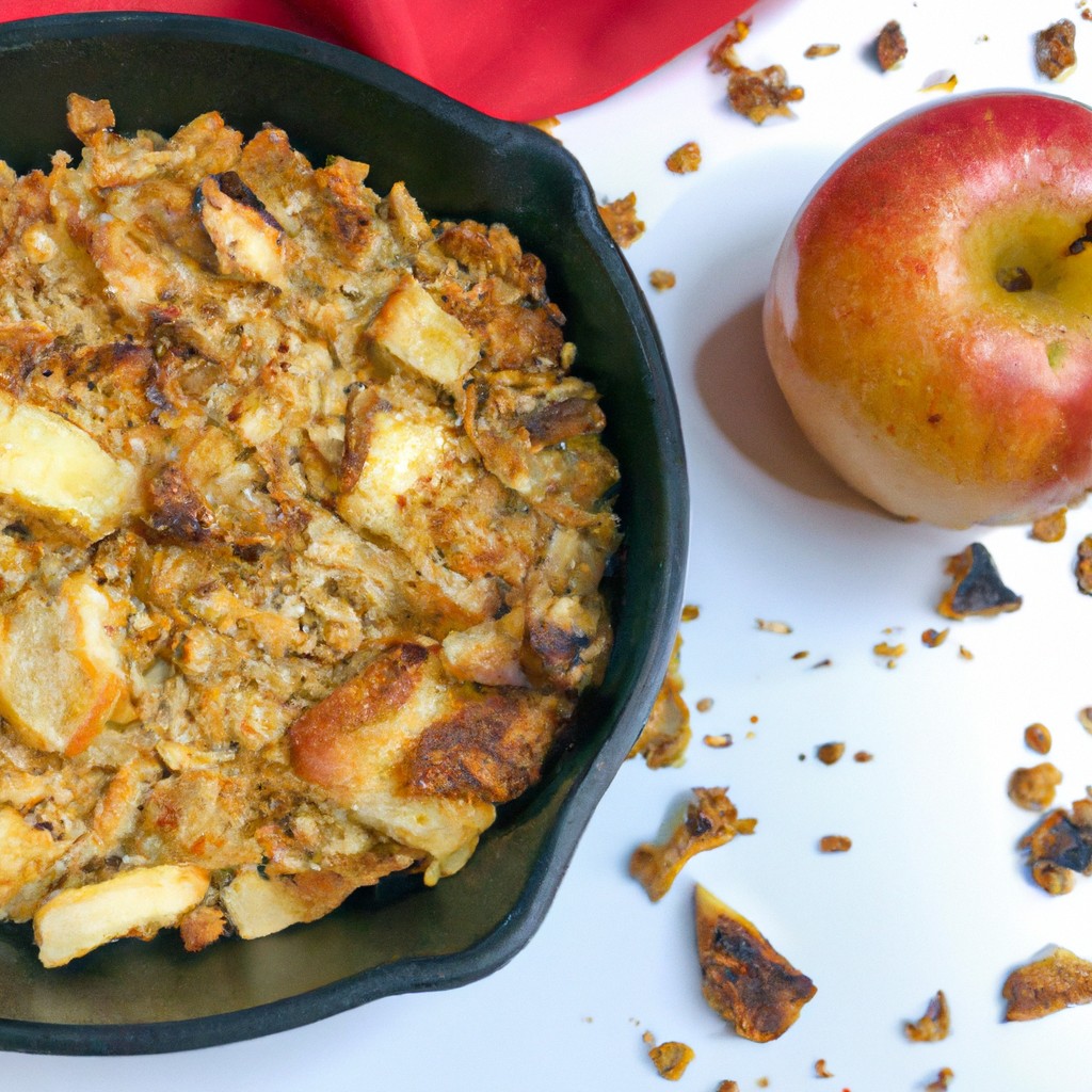 Crumble De Maçã Na Airfryer: Receita Fácil E Deliciosa 1 Imagem de uma torta de maçã frita e dourada, cozida em uma Airfryer. A torta é feita com uma crosta escamosa e recheada com maçãs fatiadas, canela e açúcar.