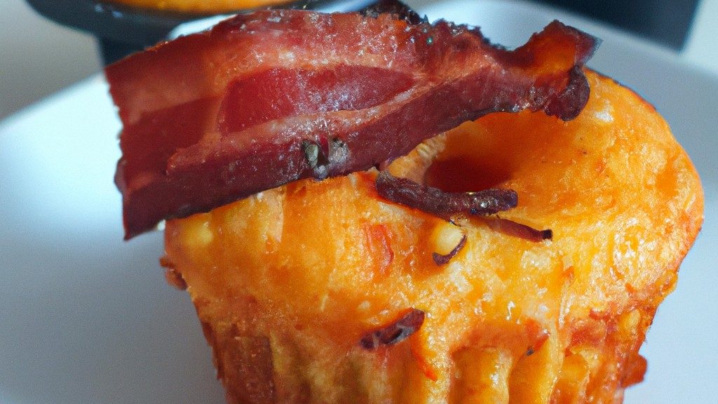 Imagem de cupcakes de bacon e ovo cozidos em uma airfryer. Os cupcakes têm uma crosta crocante e dourada e são recheados com bacon e ovos macios e cremosos.