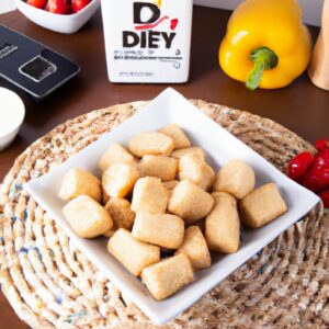 Imagem de dadinhos de tofu crocantes e dourados, preparados na airfryer. Os dadinhos estão dispostos em um prato, guarnecidos com cebolinhas picadas e um molho de soja ao lado.