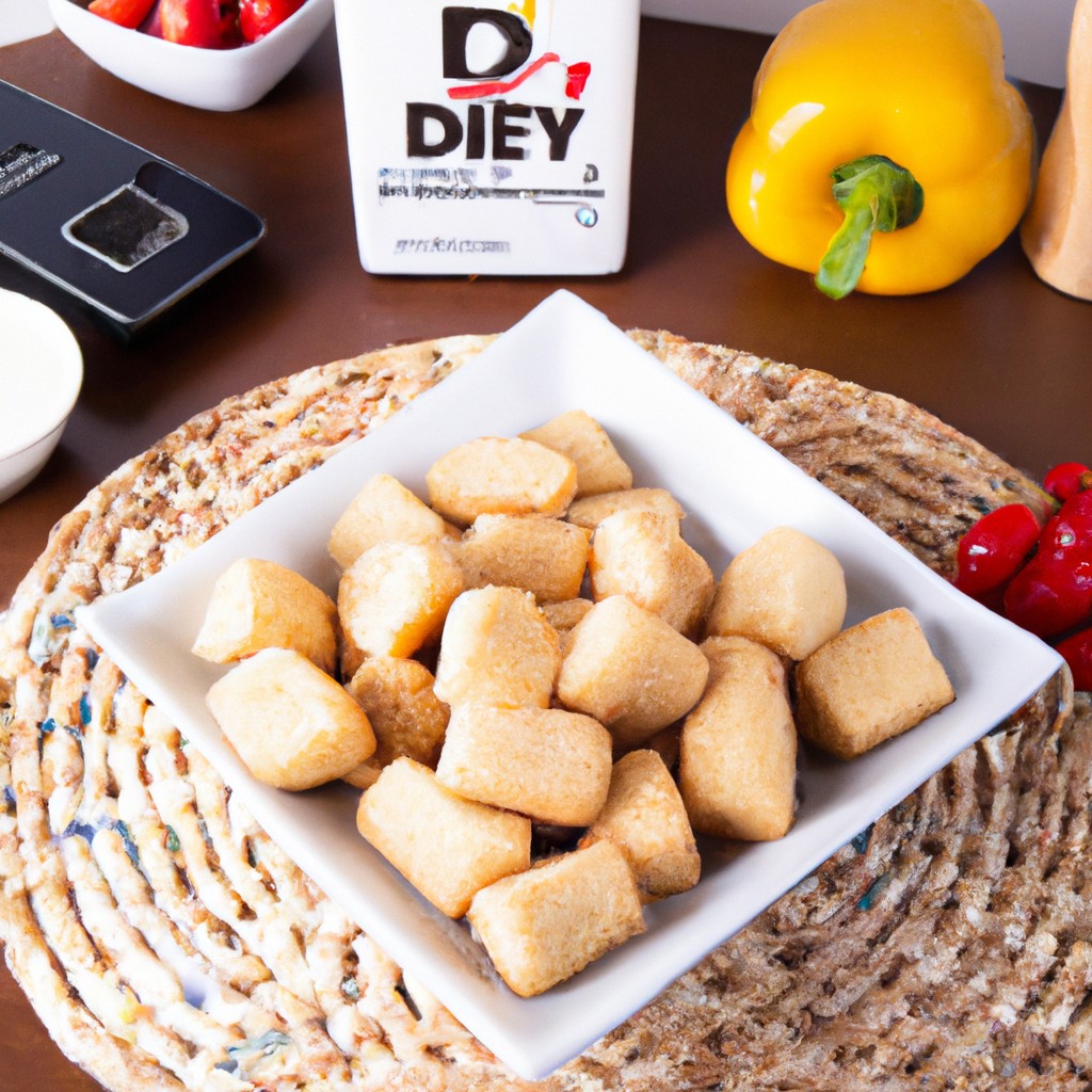 Imagem de dadinhos de tofu crocantes e dourados, preparados na airfryer. Os dadinhos estão dispostos em um prato, guarnecidos com cebolinhas picadas e um molho de soja ao lado.