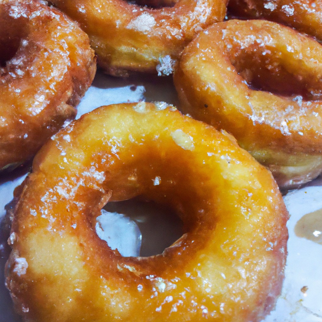 Imagem de donuts dourados e crocantes fritos ao ar em uma cesta de fritadeira de ar. A imagem mostra o exterior crocante e o interior macio dos donuts, com uma cobertura de açúcar em pó polvilhada por cima.