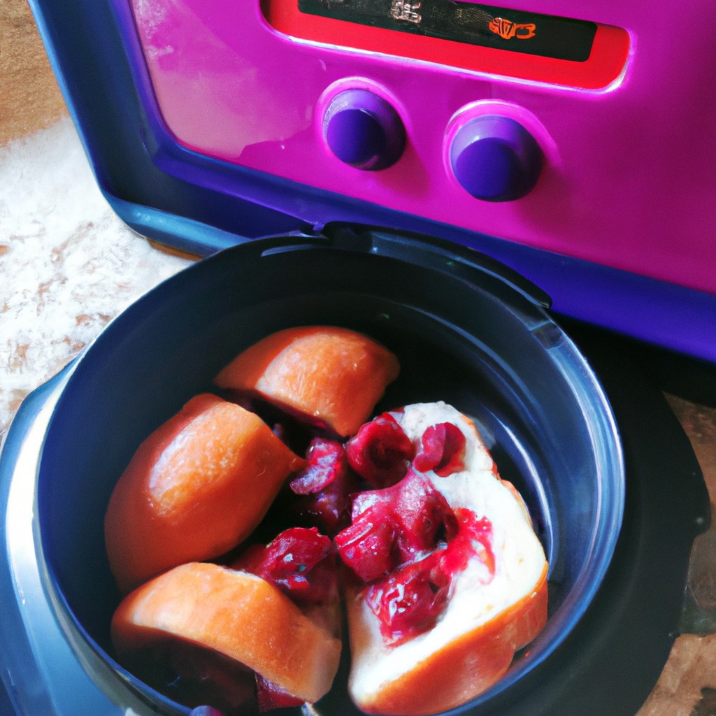 Em 7 Minutos: Pão Com Leite Condensado E Frutas Na Airfryer 1 Imagem de um prato com pão doce, leite condensado e frutas na airfryer. O pão é dourado e tem uma textura crocante, enquanto as frutas são coloridas e suculentas. O leite condensado cria uma camada doce e cremosa sobre o pão.