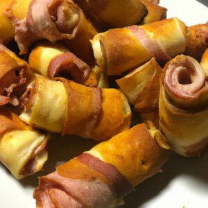 Imagem de enroladinhos de presunto e queijo crocantes e dourados cozidos na Air Fryer, servidos em um prato com um molho de mostarda cremoso ao lado.