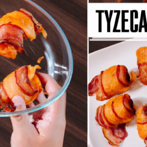 Foto de enroladinhos crocantes e dourados de queijo e bacon, preparados na Airfryer. Os enroladinhos são servidos em um prato branco com uma tigela de molho de tomate ao lado.