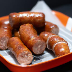 Imagem de uma cesta de airfryer cheia de enroladinhos de salsicha dourados e crocantes. Os enroladinhos são feitos com massa folhada e recheados com salsicha moída, cebola e temperos.