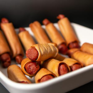 Imagem de salsichas crocantes e douradas enroladas em uma massa folhada em forma de espiral, cozidas em uma airfryer. As salsichas estão dispostas em uma cesta de metal da airfryer, com um fundo cinza claro.