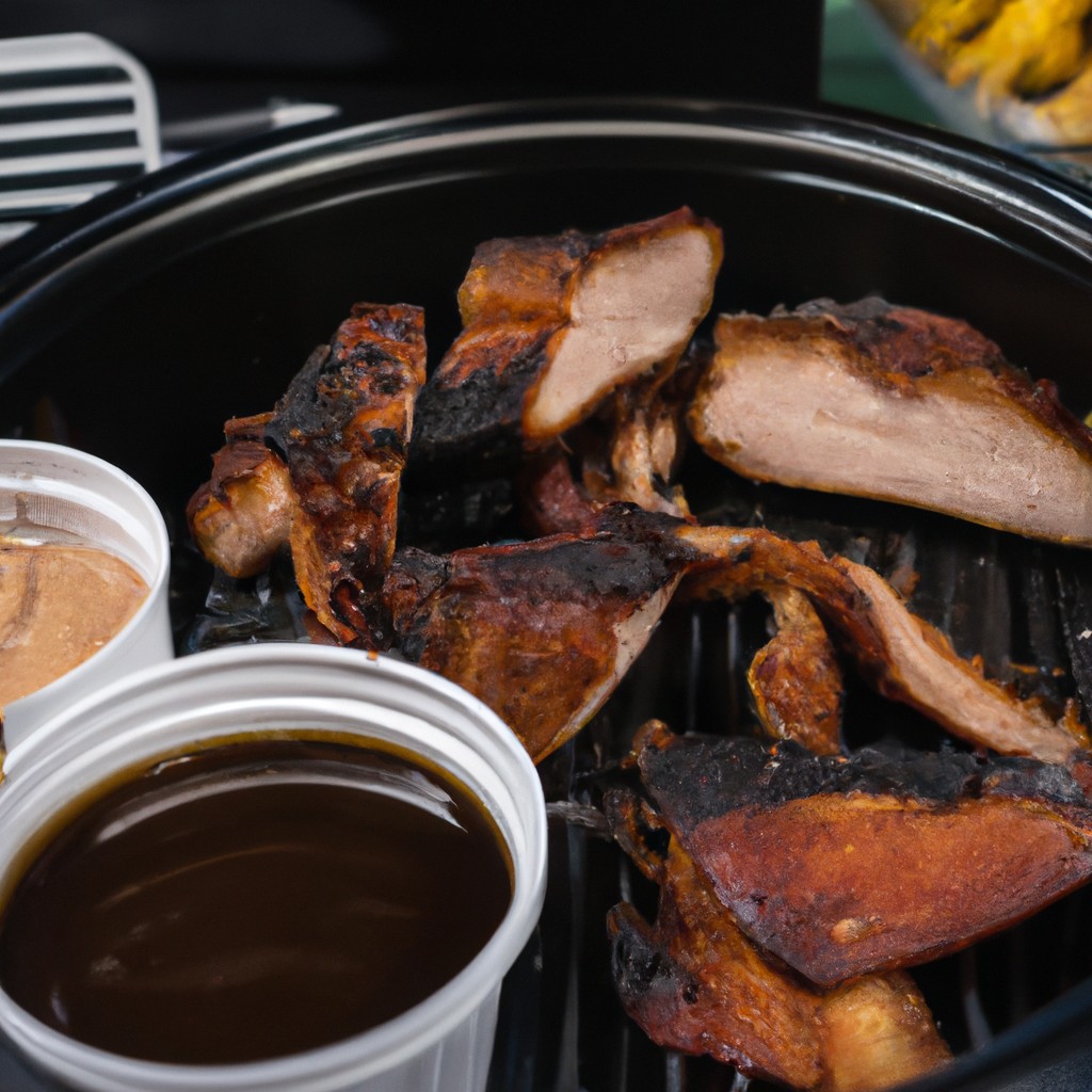 Imagem de entrecosto de porco grelhado com molho barbecue, cozido numa Airfryer. O entrecosto está dourado e caramelizado, e o molho barbecue é espesso e brilhante.