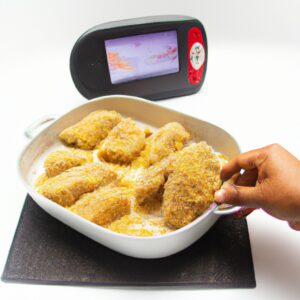 Imagem de um prato de Escondidinho de Frango na Airfryer. O prato apresenta uma camada de purê de batata cremoso por cima, seguida por uma camada de frango desfiado temperado e uma camada inferior de purê de mandioca. O prato está salpicado de queijo parmesão ralado e salsa fresca.