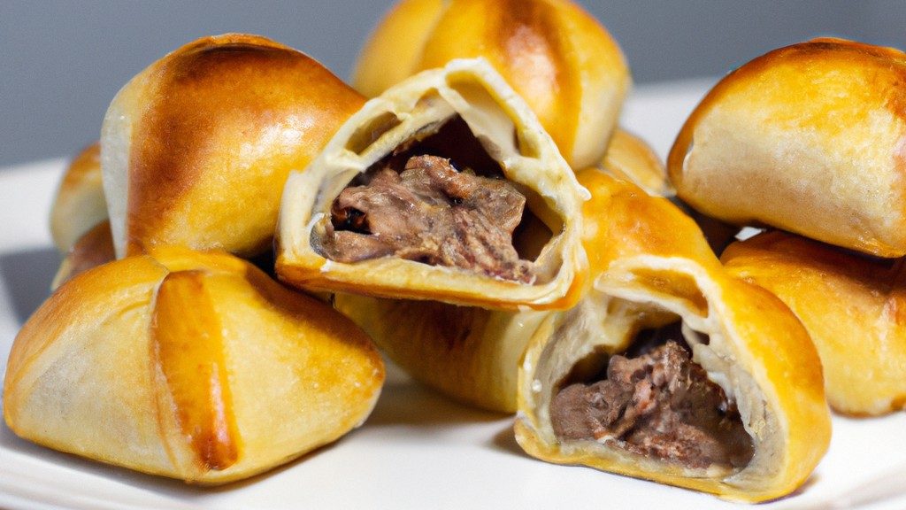 Imagem de uma esfiha aberta com recheio de carne, cozida em uma Airfryer. A esfiha tem uma crosta dourada e crocante, e o recheio é suculento e saboroso.