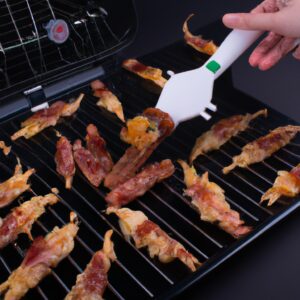 Imagem de uma espetada de frango e bacon cozida em uma Airfryer. Os pedaços de frango e bacon são dourados e crocantes, e a espetada está enfiada em um prato.