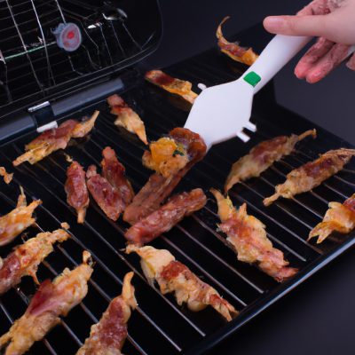Imagem de uma espetada de frango e bacon cozida em uma Airfryer. Os pedaços de frango e bacon são dourados e crocantes, e a espetada está enfiada em um prato.