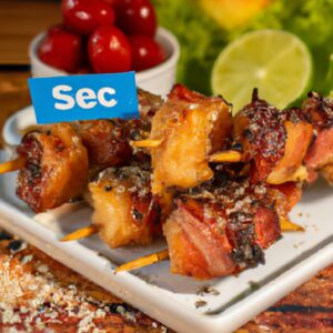 Imagem de espetinhos de frango e bacon grelhados na Airfryer. Os espetos estão dispostos em um prato, com uma tigela de molho ao lado. Os espetos são dourados e crocantes, e o bacon está caramelizado. O molho é cremoso e branco, com ervas verdes salpicadas por cima.