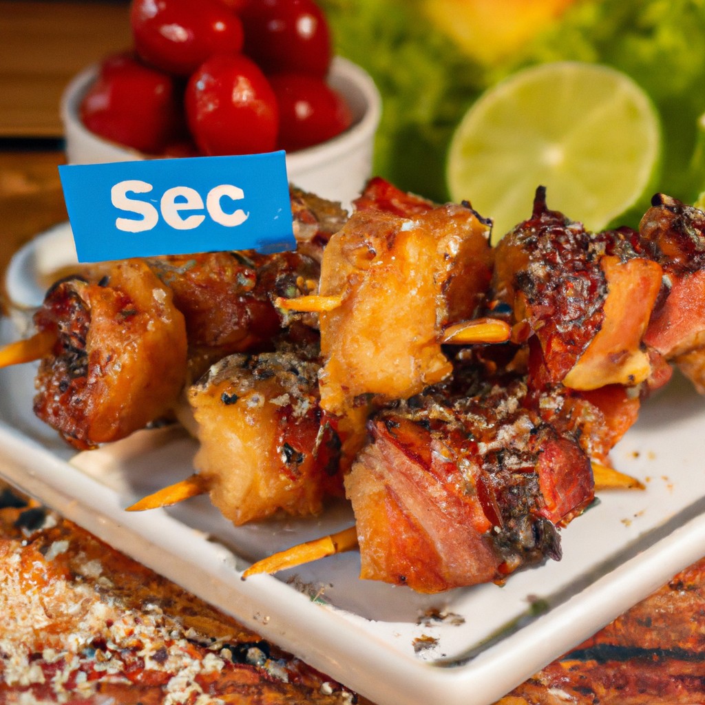 Imagem de espetinhos de frango e bacon grelhados na Airfryer. Os espetos estão dispostos em um prato, com uma tigela de molho ao lado. Os espetos são dourados e crocantes, e o bacon está caramelizado. O molho é cremoso e branco, com ervas verdes salpicadas por cima.