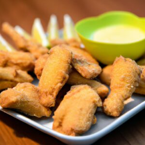 Imagem de espetinhos de frango empanados e dourados, feitos na airfryer. Eles são servidos em um prato com molho de tomate e mostarda ao lado.