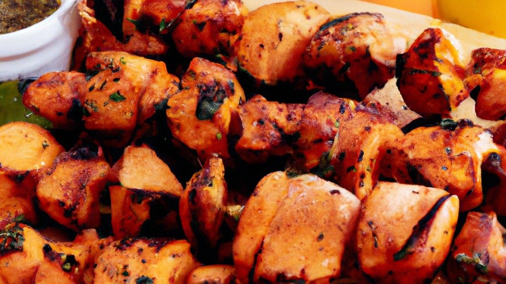 Foto de espetinhos de frango dourados e suculentos em uma cesta da Airfryer, cercados por limões fatiados e ervas frescas.