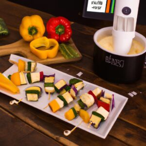 Imagem de espetinhos de legumes grelhados em uma Airfryer com queijo coalho derretido. Os legumes incluem abobrinha, pimentão vermelho, cebola e cogumelos. Os espetinhos são servidos em um prato com uma tigela de molho de tomate ao lado.