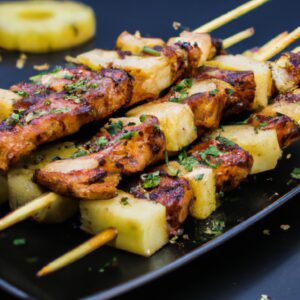 Imagem de espetinhos de alcatra grelhados em uma airfryer. Os espetinhos são dourados e suculentos, com pedaços de cebola e pimentão entre a carne.