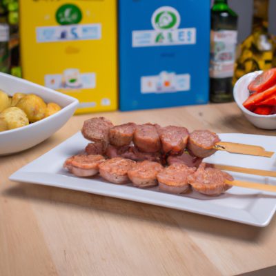 Imagem de espetinhos de carne, frango e vegetais grelhados em uma airfryer. Os espetinhos estão dourados e suculentos, com marcas de grelha visíveis. A imagem mostra o processo de cozimento fácil e delicioso dos espetinhos na airfryer.