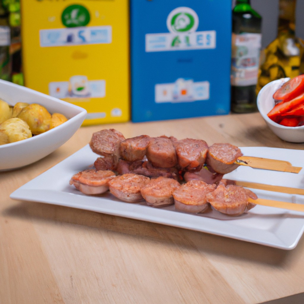 Imagem de espetinhos de carne, frango e vegetais grelhados em uma airfryer. Os espetinhos estão dourados e suculentos, com marcas de grelha visíveis. A imagem mostra o processo de cozimento fácil e delicioso dos espetinhos na airfryer.