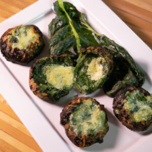 Imagem de um prato de espinafre gratinado feito na Airfryer. O espinafre é coberto com uma crosta dourada e crocante de queijo parmesão e pão ralado. O prato é servido com uma salada verde simples.