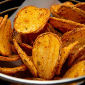 Imagem de um chuchu dourado e crocante cozido na Airfryer, com sementes pretas e casca enrugada. O chuchu está em um prato branco, com um garfo ao lado.