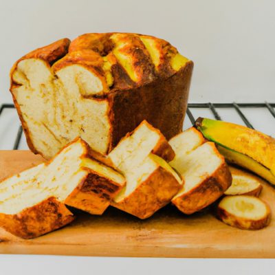 Uma fotografia de um pão de banana caseiro cozido em uma airfryer. O pão é marrom dourado e tem uma crosta crocante. É coberto com nozes e bananas fatiadas.