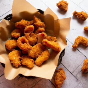 Imagem mostrando uma porção de Fandangos fritos crocantes feitos em uma Airfryer, servidos em um prato com um molho de acompanhamento.