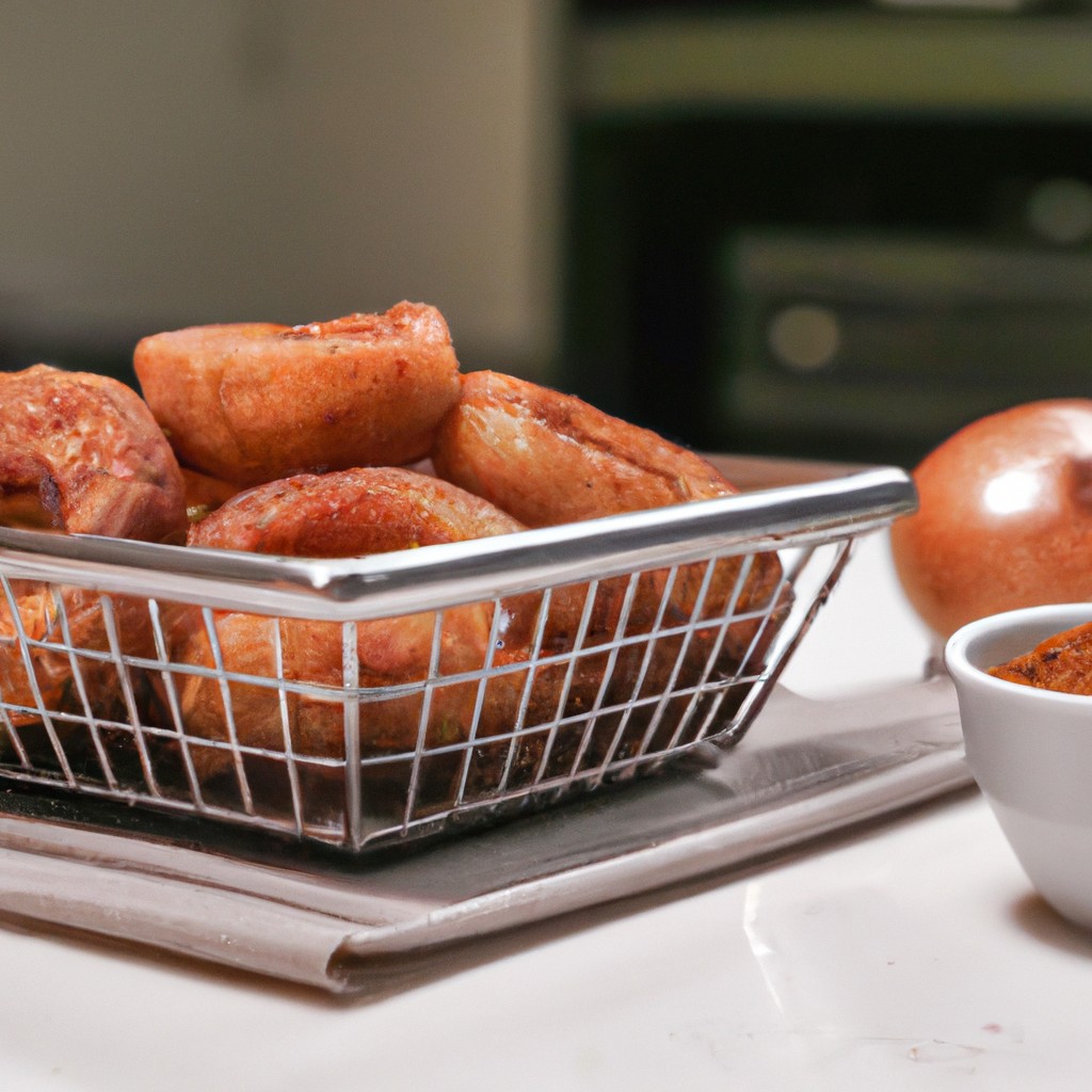 Fígado Na Airfryer: Receita Simples Com Cebola, Aprenda Agora 1 Imagem de fígado de boi cortado em tiras, temperado e empanado, cozinhando em uma airfryer. Ao lado, uma tigela com fatias de cebola roxa.