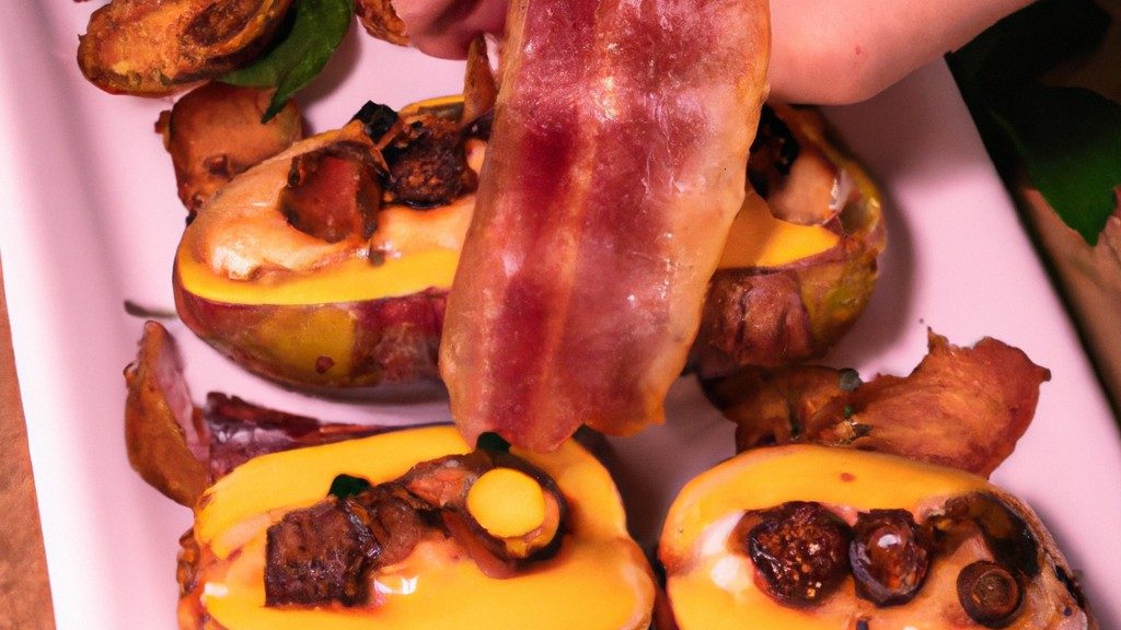 Figo Com Queijo E Bacon Na Airfryer: Receita Fácil E Deliciosa 1 Imagem de um prato de figo recheado com queijo e bacon, preparado na Airfryer. Os figos estão dourados e crocantes por fora, com o queijo derretido e o bacon crocante por dentro. O fundo é branco e o prato é guarnecido com folhas de hortelã.