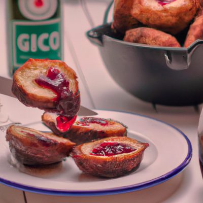 Imagem de figos assados em uma Airfryer, cobertos com geleia de amora e queijo brie derretido. Os figos são de cor marrom-dourada e o queijo é dourado e borbulhante.