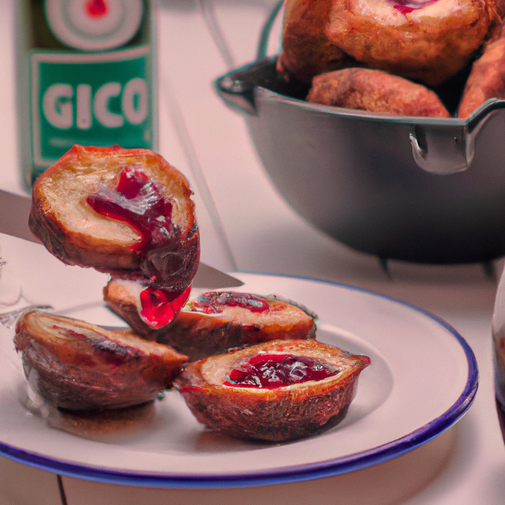 Imagem de figos assados em uma Airfryer, cobertos com geleia de amora e queijo brie derretido. Os figos são de cor marrom-dourada e o queijo é dourado e borbulhante.