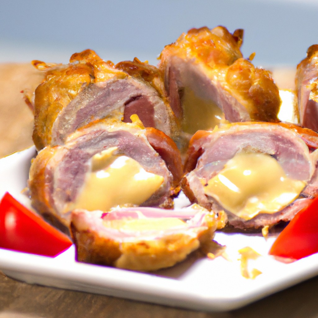 Filé De Frango Recheado Com Presunto E Queijo Na Airfryer 1 Imagem de um filé de frango recheado com presunto e queijo, cozido na Airfryer. O frango está dourado e crocante, e o recheio é derretido e borbulhante. O prato é servido com uma salada verde e um molho de mostarda.