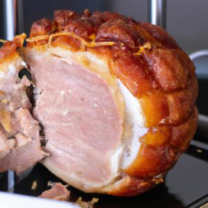 Imagem de um filé de lombo de porco dourado e crocante cozido em uma Air Fryer, servido em um prato com batata assada e vegetais assados.