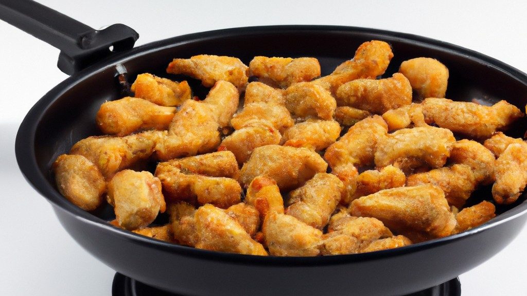 Imagem de um filé de panga empanado dourado e crocante, cozido em uma airfryer. O peixe é servido em um prato com fatias de limão e um molho tártaro à parte.