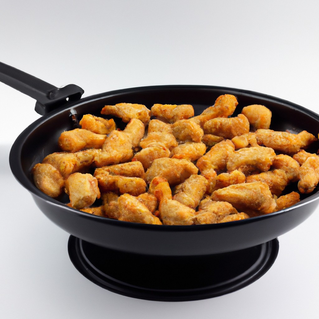 Imagem de um filé de panga empanado dourado e crocante, cozido em uma airfryer. O peixe é servido em um prato com fatias de limão e um molho tártaro à parte.